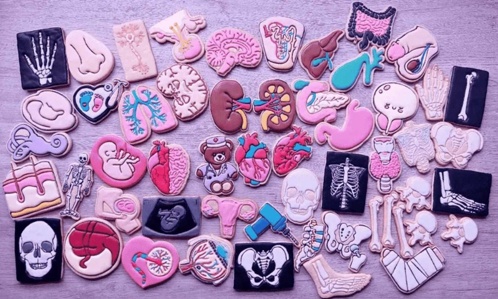 Galletas con diseños de pastillas, cápsulas, jeringas y órganos